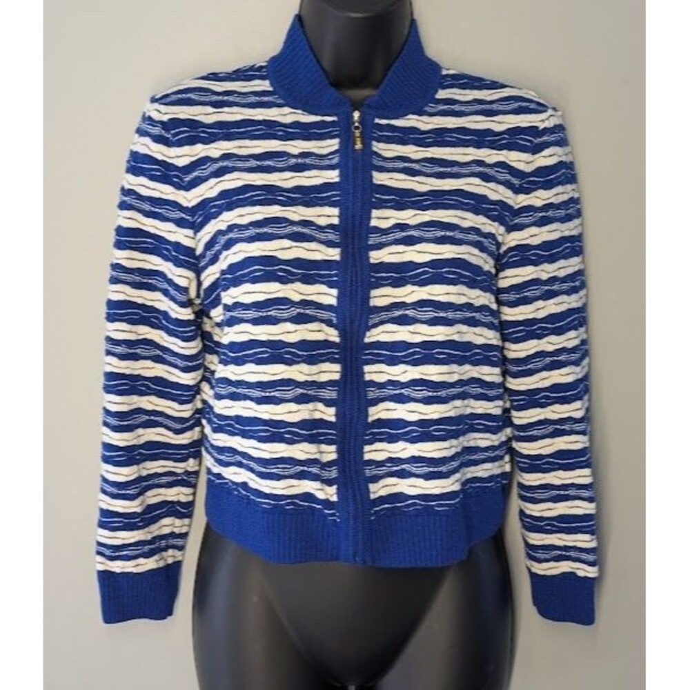 ST. JOHN Sport White/Blue Stripe Wool Rayon Knit Full Zip Cardigan Top Sz M (S)